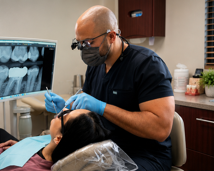Dr. Juan Acosta consulting with a patient at Loma Dental