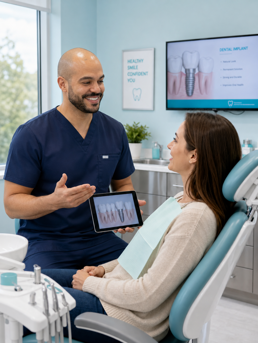 Smiling couple discussing dental implant options at Loma Dental
