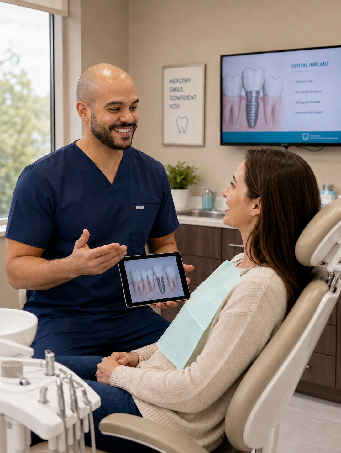 Smiling couple discussing dental implant options at Loma Dental