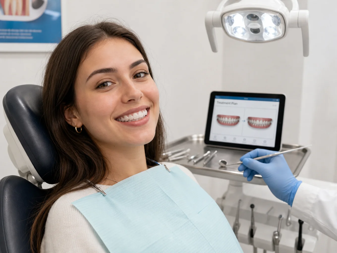 Patient holding clear dental aligners during smile consultation
